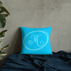 Modern Calligraphy Capital M Fancy, Turquoise Background, Light Blue M and Ovals, Custom Premium Pillow